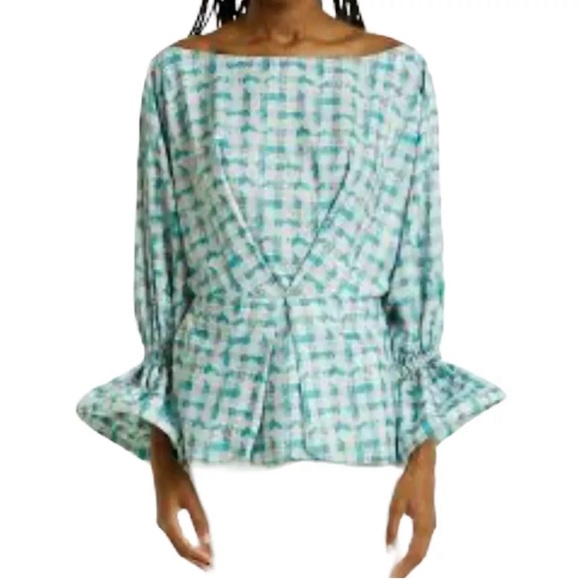 Kimberly Goodson Sola Plaid Bell Sleeve Blouse in Blue Plaid Sz L - Picture 1 of 14